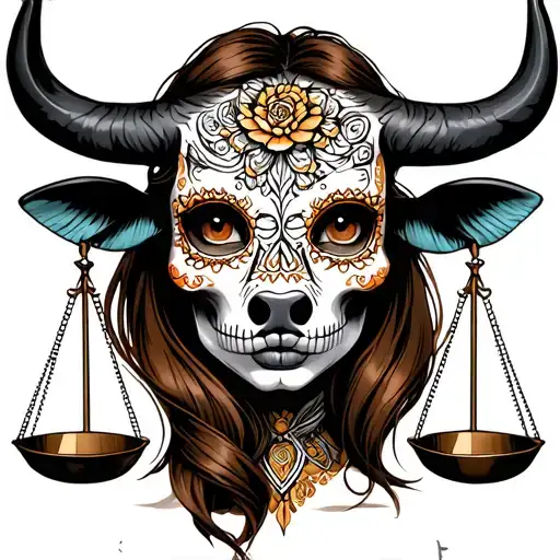 woman bull with sugar skull markings, brown eyes, brown hair and two Libra scales.  tattoo design idea