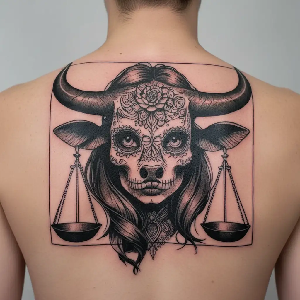 woman bull with sugar skull markings, brown eyes, brown hair and two Libra scales.  tattoo design idea