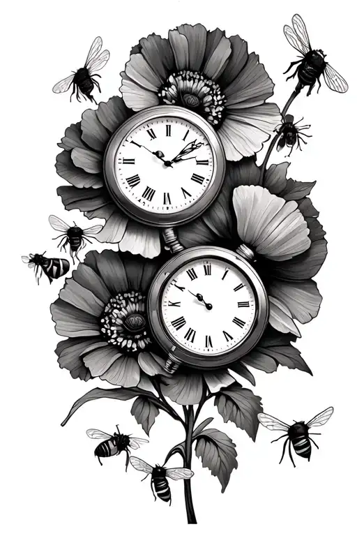 Tattoo with two timepieces surrounded by poppies and dandelions and honey bees tattoo design idea
