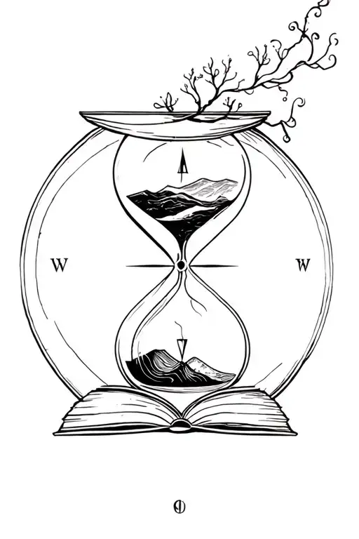 open book smoke tree compass hourglass tattoo design idea
