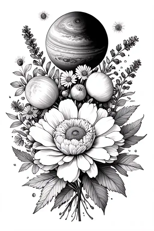  bouquet of planets and flowers and leaves for a tattoo. black and white, chamomile, lavender, peonies tattoo design idea