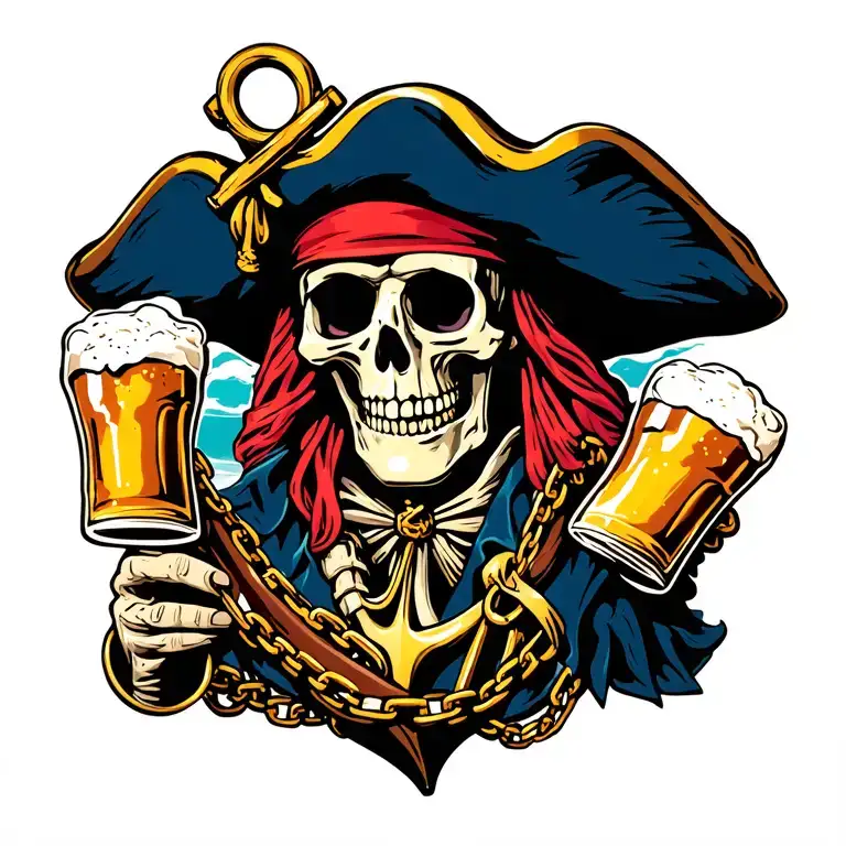 Pirate skeleton, holding a beer and a musket, include a vibrant and detailed anchor in chain.. tattoo design idea