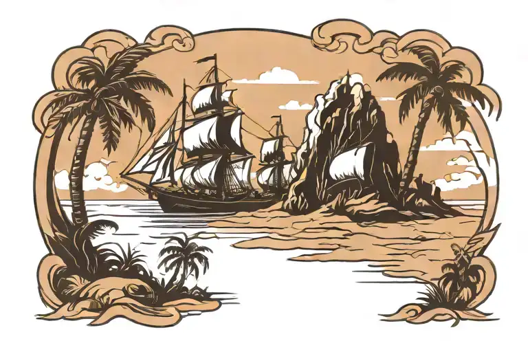 deserted island and pirate ship scene. black and white. clean lines.   tattoo design idea