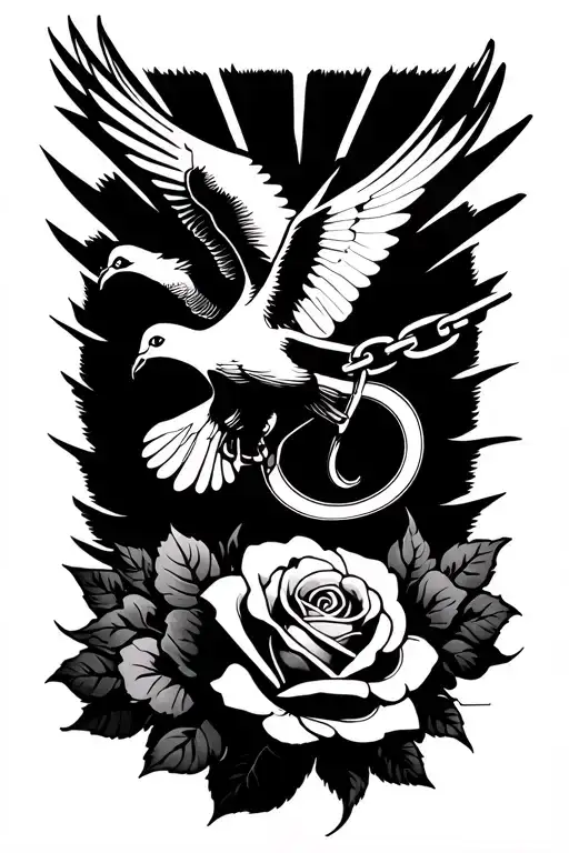 dove with chain with letter c rose with a wedding ring sleek sun clouds tattoo design idea