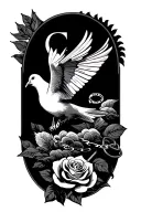 dove with chain with letter c rose with a wedding ring sleek sun clouds tattoo design idea