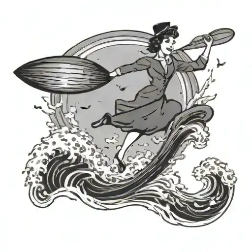 A fusion design of a jam band poster featuring Mary Poppins surfing on a wave tattoo design idea