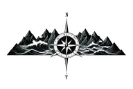 large compass surrounded by intricate geometric mountains and crashing waves, black and white, add triangle frame tattoo design idea