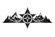 large compass surrounded by intricate geometric mountains and crashing waves, black and white, add triangle frame tattoo design idea