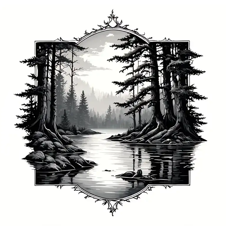 still water runs deep forest tattoo design idea