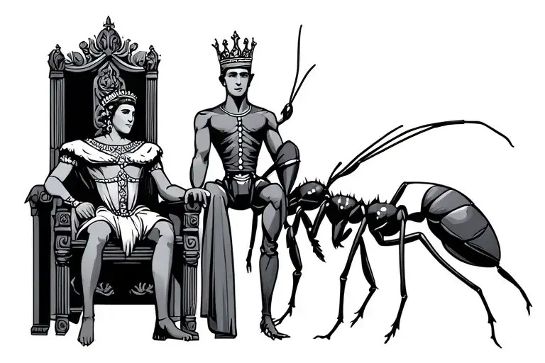 king ant sitting on a throne with his queen and prince standing next to him tattoo design idea