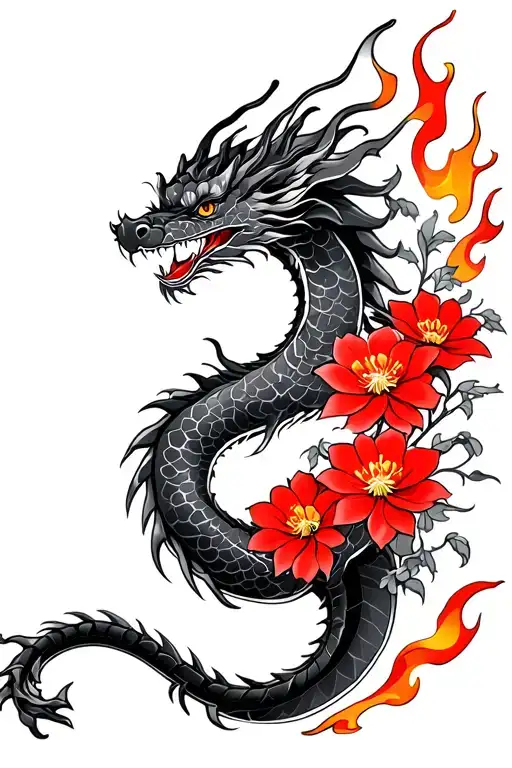 black japanese dragon with red flowers and flames. thin lines tattoo design idea