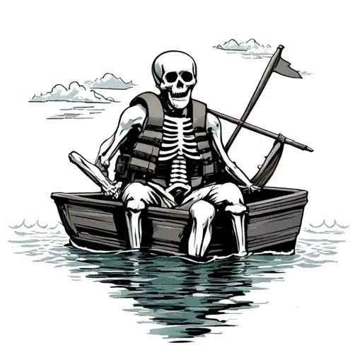 skeleton sitting in coffin wearing a life jacket rowing it like a boat tattoo design idea