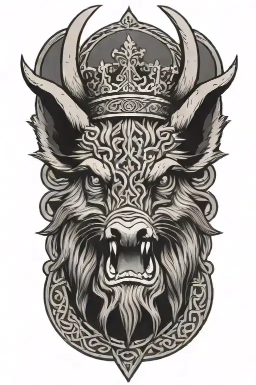boar head wearing a crown with sword and wings with celtic trinity knot background tattoo design idea