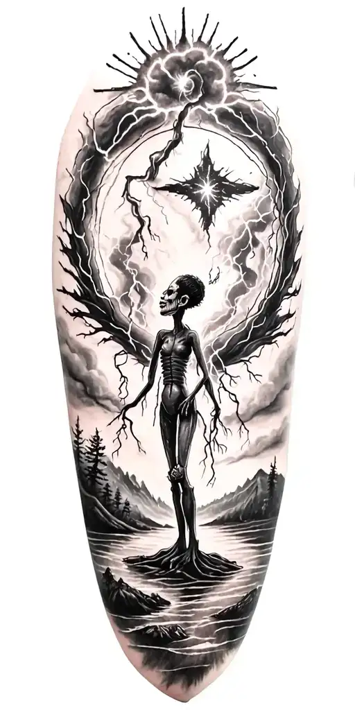 voodoo doll and lightining storm and vegvisir and nature tattoo design idea