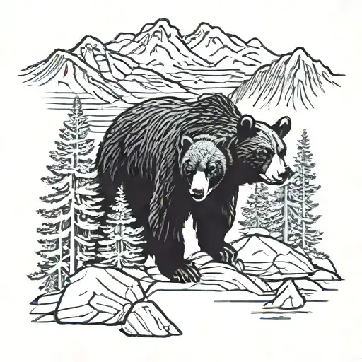 black bear with cub by the rocky mountains tattoo design idea