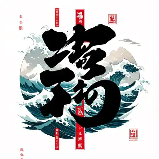 Chinese vertical lettering against the backdrop of shadowy sea waves tattoo design idea