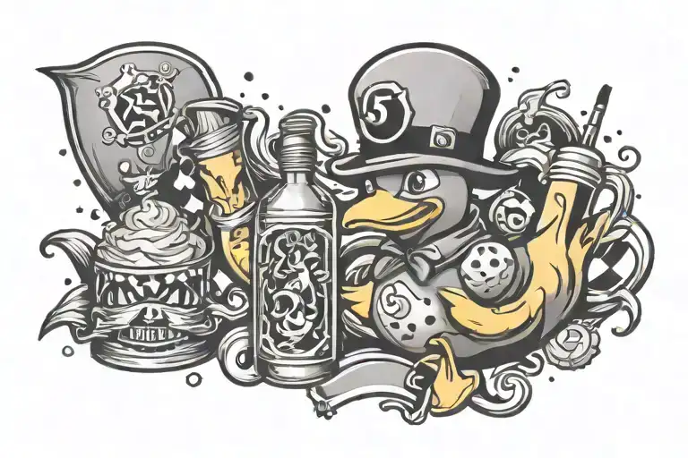 rubber duck + bottle of schnaaps + bertie beetle logo + Zeus lightning bolt + ace of spades + muffin  tattoo design idea