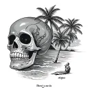 "There’s a fine line between" sugar skull, xray, beach scene with palm trees tattoo design idea