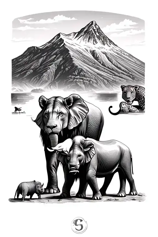 South Africa's Big Five animals—lion, leopard, elephant, rhinoceros, and buffalo Infront of table mountain  tattoo design idea