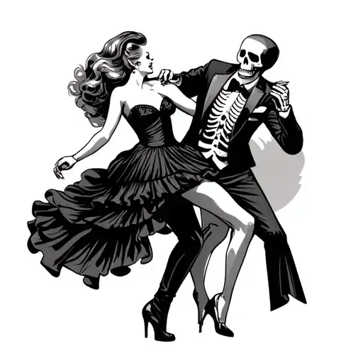 PINUP GIRL DANCING WITH HOT SKELETON MAN WITH GREAT HAIR IN A TUX tattoo design idea