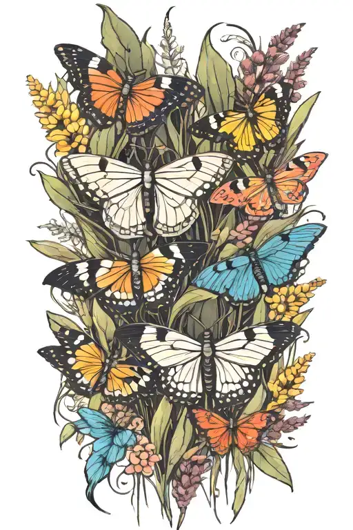 coloful moths with black swamp grass in back tattoo design idea