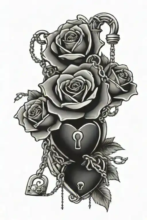 a romantic themed image with roses, chains, padlocks, keys and hearts. tattoo design idea