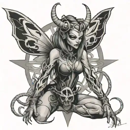 hornet-devil female full body in front of pentagram tattoo design idea