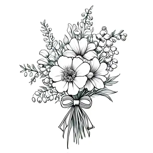 flower bouquet with carnation, marigold, lily of the valley and larkspur. wrapped with bow   tattoo design idea