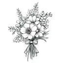 flower bouquet with carnation, marigold, lily of the valley and larkspur. wrapped with bow   tattoo design idea