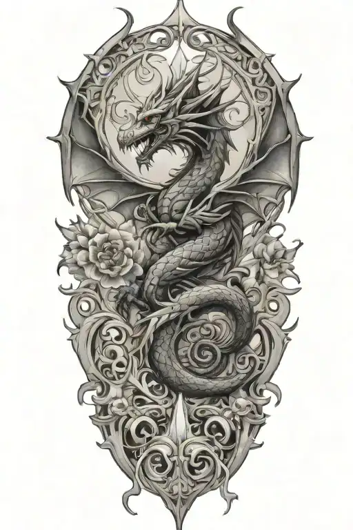 dragon ascending; fractal; flower; evil angel; frameless; transparent tattoo design idea