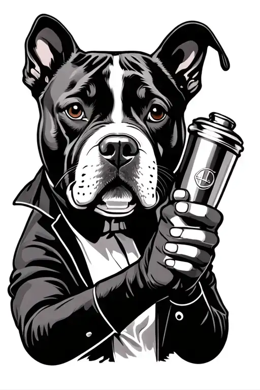 I want a tatoo of a bartender having a pitbull face wearing a suie and is jacked, holding a 2 peace shaker in hand  tattoo design idea