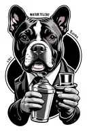 I want a tatoo of a bartender having a pitbull face wearing a suie and is jacked, holding a 2 peace shaker in hand  tattoo design idea