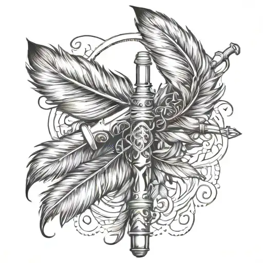 flute with feathers wrapping around it men forearm tattoo design idea