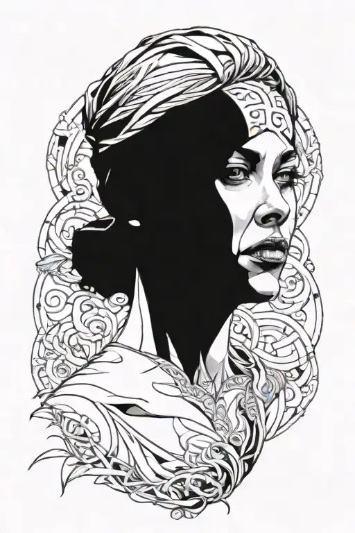 widow woman blindfolded front face tattoo design idea