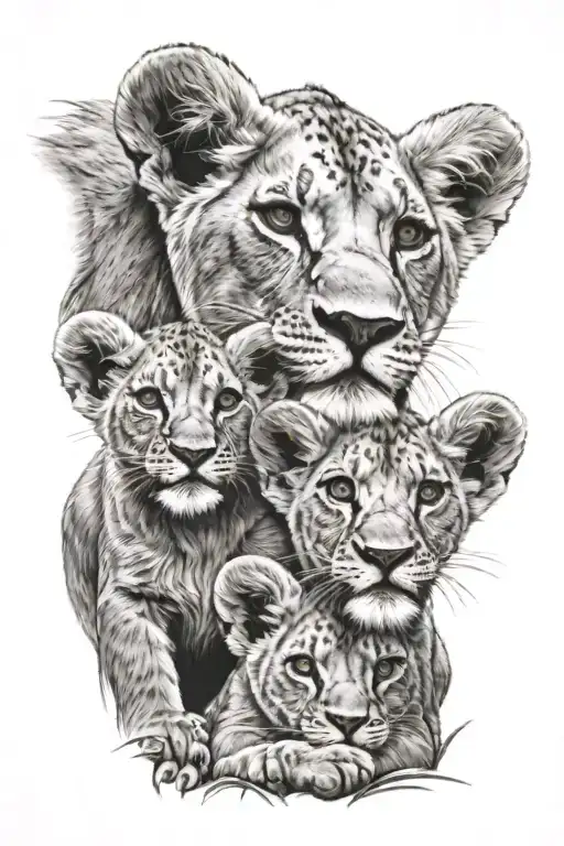 2 girl lion cubs with dad overlooking them tattoo design idea