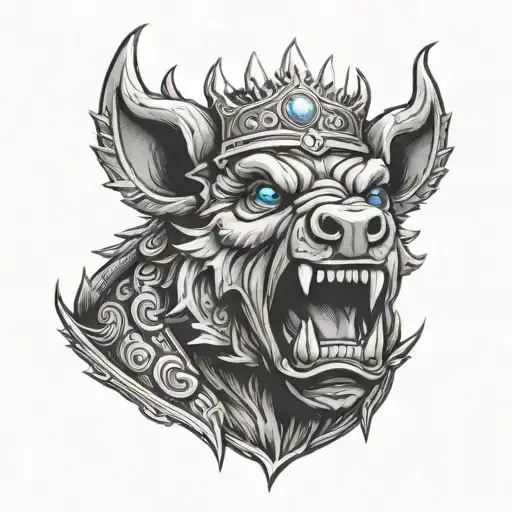 angry boar head on armor wearing a crown with blue eyes mouth open and tusks showing tattoo design idea