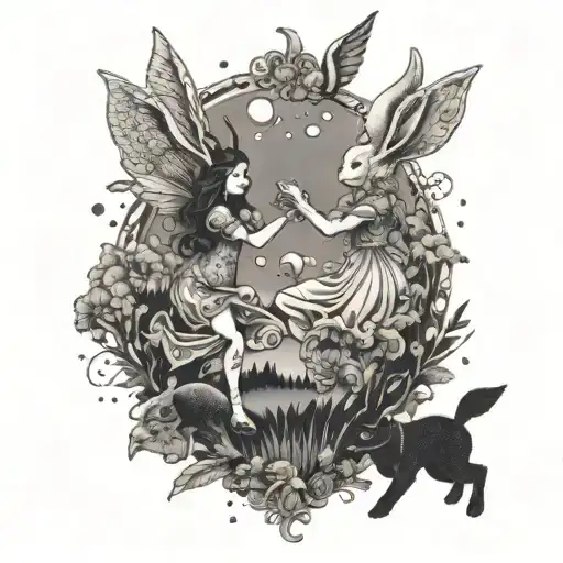 A surreal design of Ava and Casia dancing with anthropomorphic rabbits in a fantasy landscape tattoo design idea