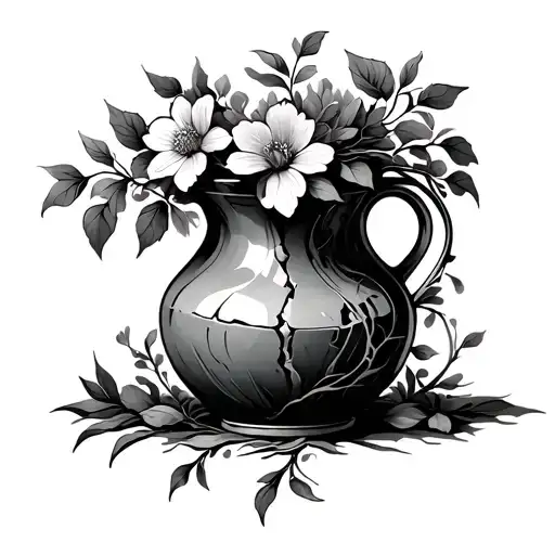 broken vase with vines and flowers growing tattoo design idea
