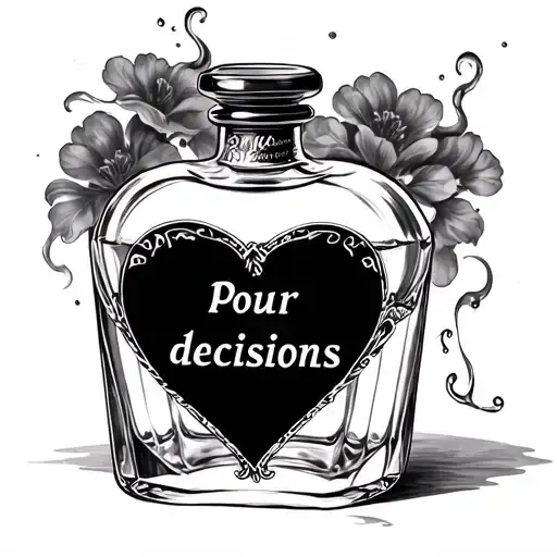 "Pour decisions" Vintage gin bottle with heart shaped label with pretty ornate steamed glass pour tattoo design idea