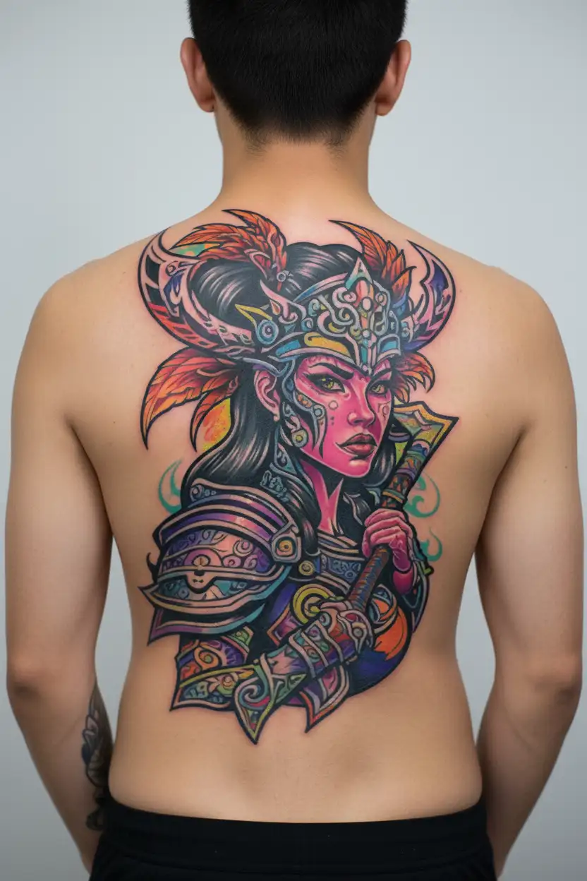 valkyrie warrior nordic face woman holding axe tattoo design idea