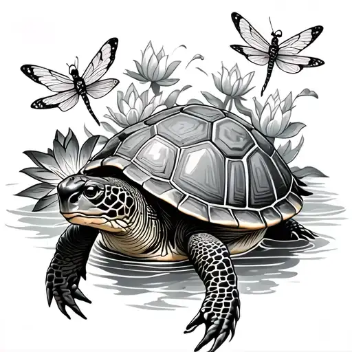A black-grey tattoo of a turtle surrounded by dragonflies and water lilies  tattoo design idea