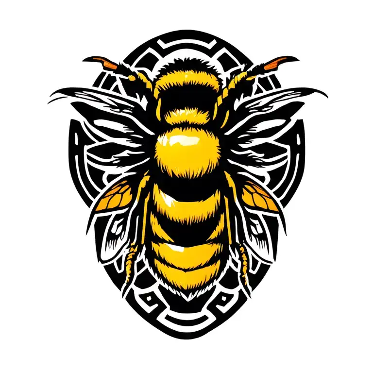 Bumblebee samurai emblem in bold American traditional tattoo style — strong black outlines, solid yellow and black armor tattoo design idea