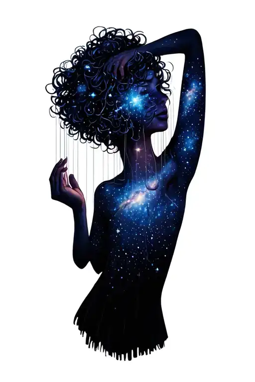 shorhair woman, hands weaving thread through the sky, stars strung along it. Her sleeves are close, hair a galaxy tattoo design idea