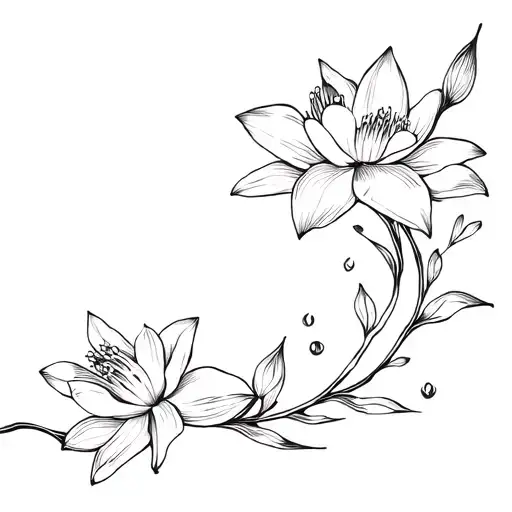 Can you make a tattoo Black and white, line tattoo, along spine of Dainty flowers water Lilly, daffodil, cherry blossom, tattoo design idea