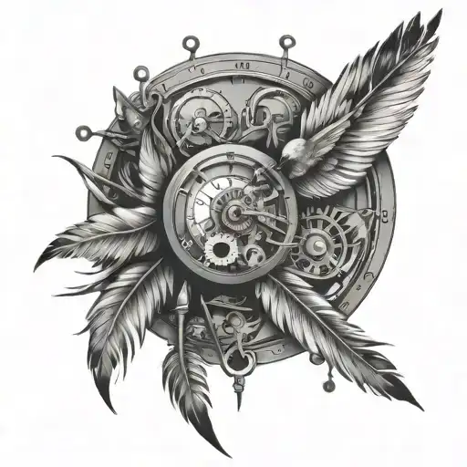clockwork with feathers and birds tattoo design idea