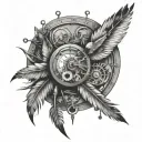 clockwork with feathers and birds tattoo design idea