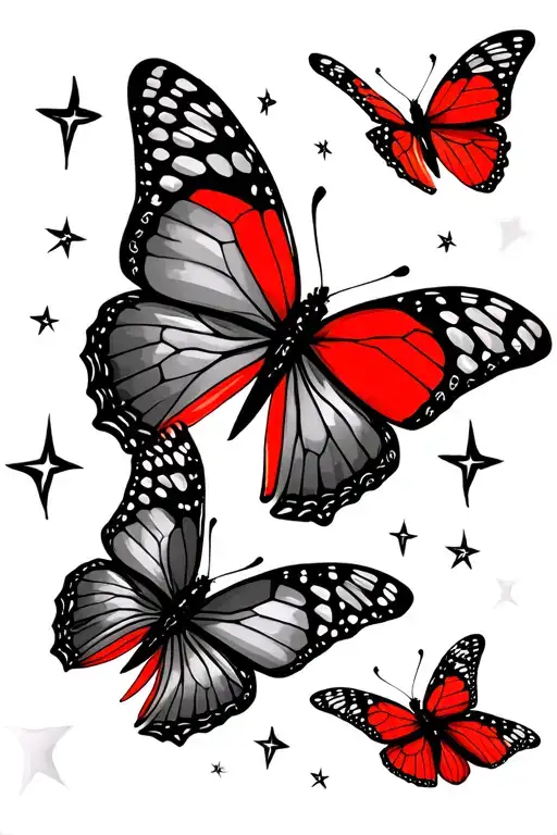3 butterflies flying, 1 red butterfly and one butterfly with a wing in stars  tattoo design idea