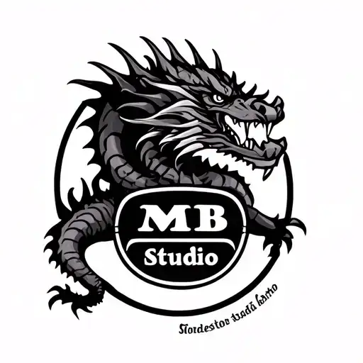 Old school tattoo logo design for 'MB Studio' featuring a dragon, bold black outlines and traditional color tattoo design idea