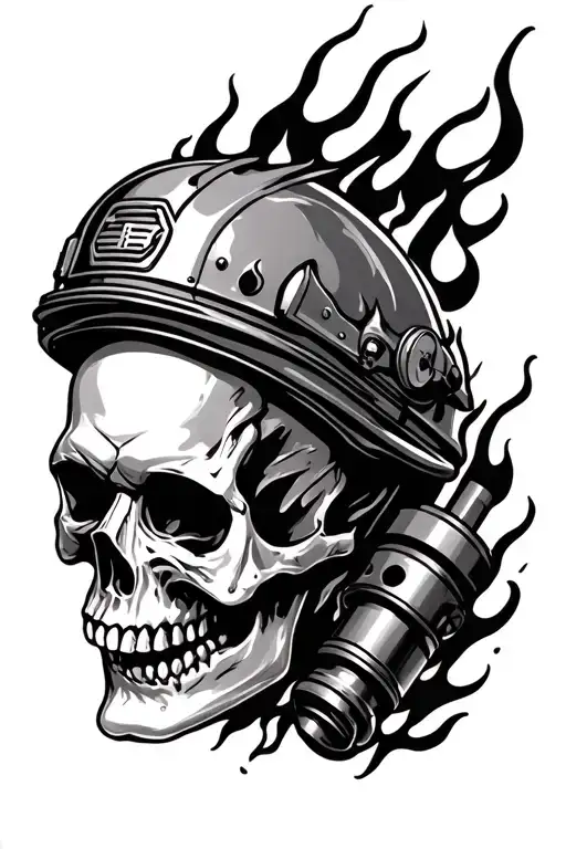 piston going through skull with flames coming out and a fire helmet tattoo design idea