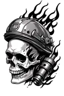 piston going through skull with flames coming out and a fire helmet tattoo design idea